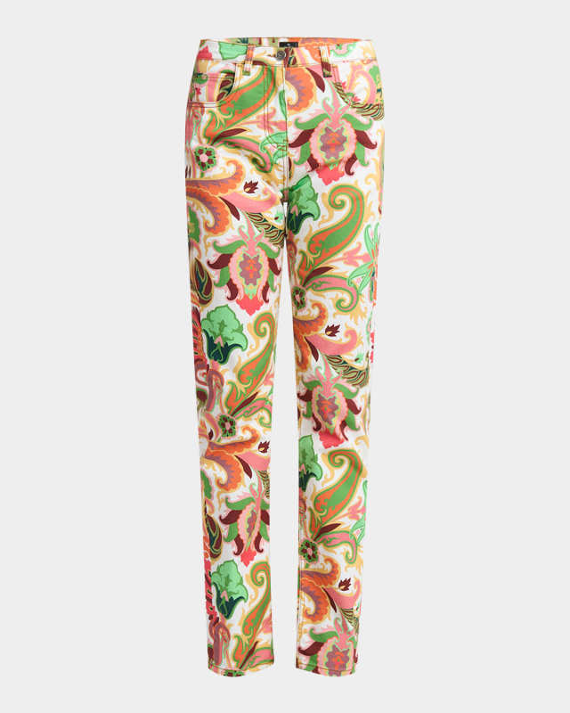 White Summer Print Straight-Leg Denim Jeans